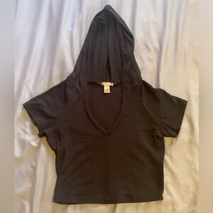 Black V-Neck Hoodie Short Sleeve Crop Sweater